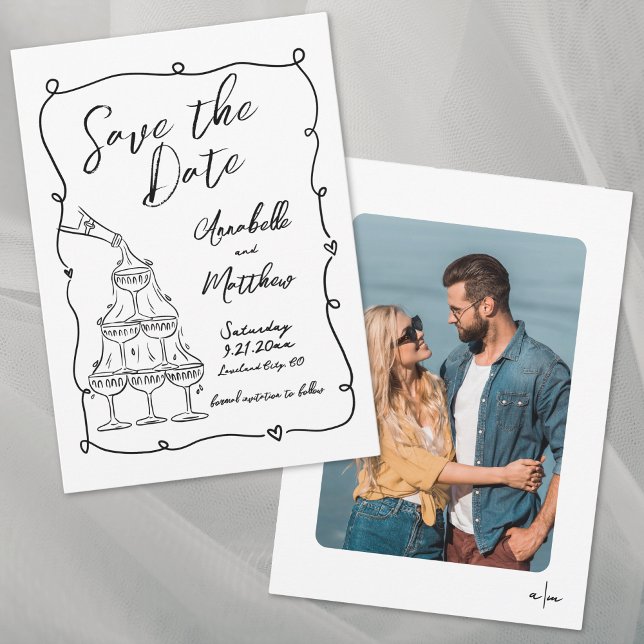 Reserve A Data Foto Desenhada à Mão Casamento Caprichoso (Hand Drawn Photo Whimsical Wedding Save the Date)