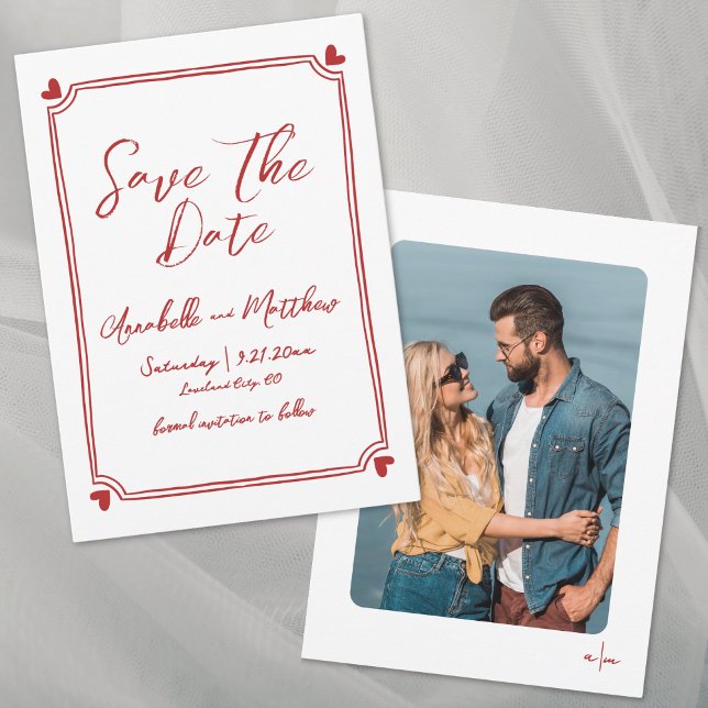 Reserve A Data Foto Desenhada à Mão Simples Caprichoso Casamento  (Hand Drawn Photo Whimsical Simple Red Wedding Save the Date)