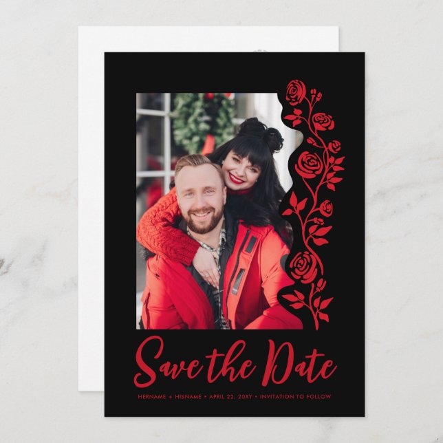 Reserve A Data Foto Desenhada Rosas vermelhas Negros Negros Simpl (Frente/Verso)