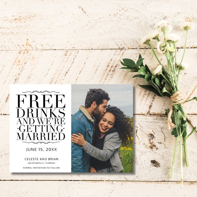 Reserve A Data Foto Divertida de Drinks Grátis Casamento Salve a  (Funny Free Drinks Photo Wedding Save the Date)
