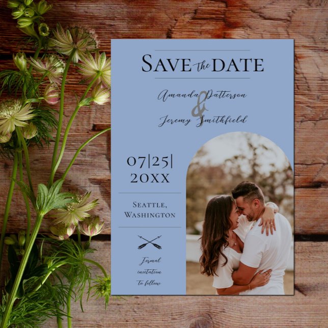 Reserve A Data Foto do Arch Modern Boho | Dusty Blue (Modern Arch Photo Save the Date - Dusty Blue)