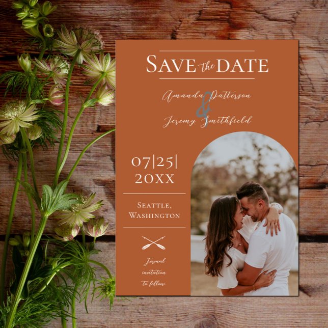Reserve A Data Foto do Arch Modern Boho | Laranja Queimada (Modern Arch Photo Save the Date - Burnt Orange)