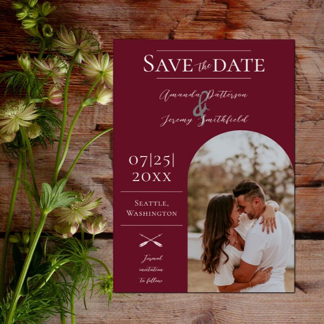 Reserve A Data Foto do Arch Modern Boho | Red Save the Date (Modern Arch Photo Save the Date - Wine Red)