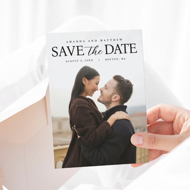 Reserve A Data Foto do cheio Moderno Salvar a Data (Full Photo Modern Save the Date with plaid back design with monogram and information on back.)