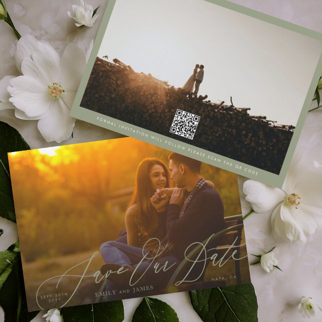 Reserve A Data Foto do Código QR Verde de Casamento Caligráfico (Criador carregado)