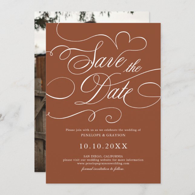 Reserve A Data Foto do Eterno Terracotta da Caligrafia Moderna (Frente/Verso)