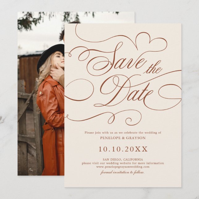 Reserve A Data Foto do Eterno Terracotta da Caligrafia Moderna (Frente/Verso)