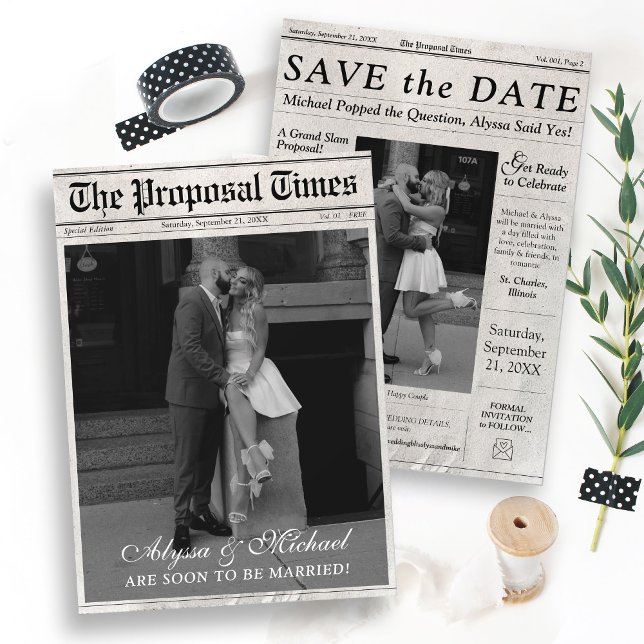 Reserve A Data Foto do jornal moderno A tendência do tempo de pro (Trendy The Proposal Times Newspaper Style double sided black and white photo wedding save the date)