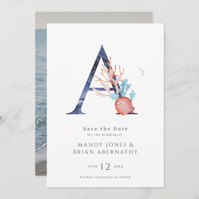 Reserve A Data Foto do Monograma de Casamento de Praia Salvar a D (Frente/Verso)