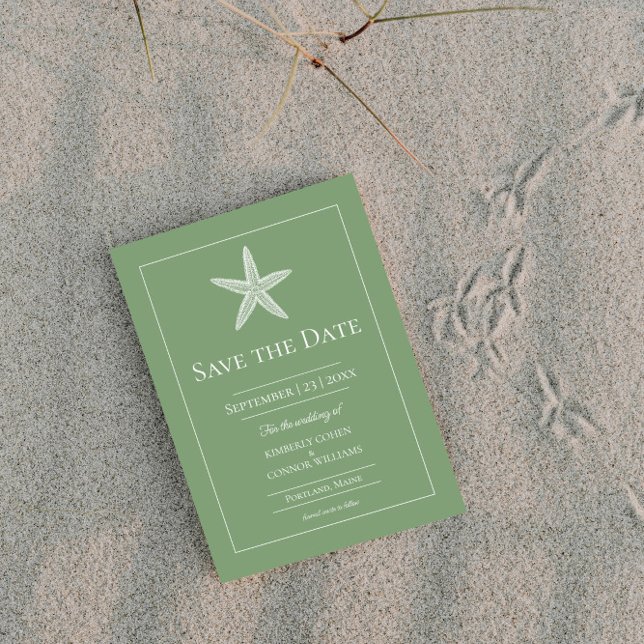 Reserve A Data Foto do Monograma do Moss Green Starfish (Moss Green Starfish Monogram Photo Save the Date)