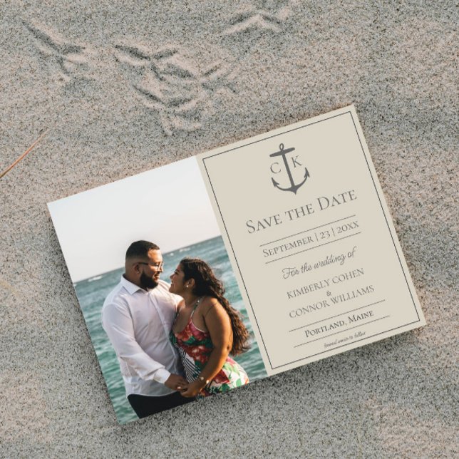 Reserve A Data Foto do Monograma Náutico Bege para Salvar a Data (Beige Nautical Monogram Photo Save the Date)
