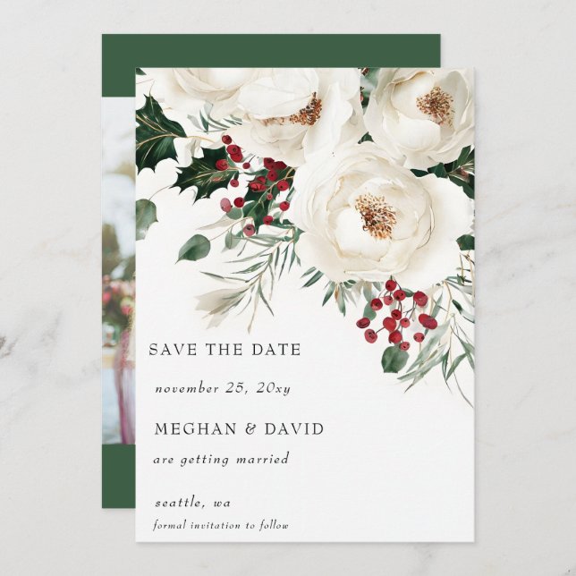 Reserve A Data Foto do Natal do inverno Vermelho Elegante (Frente/Verso)