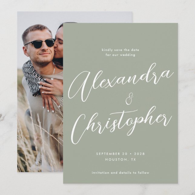 Reserve A Data Foto do Noivado de Casamento da Caligrafia Elegant (Frente/Verso)