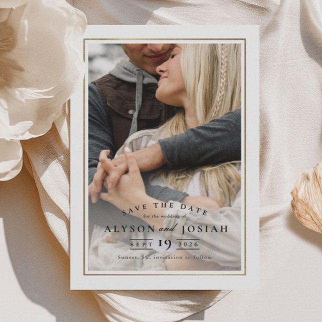 Reserve A Data Foto Dourada Clássica Elegante (Elegant Curved Typography Photo Wedding Save the Date.)