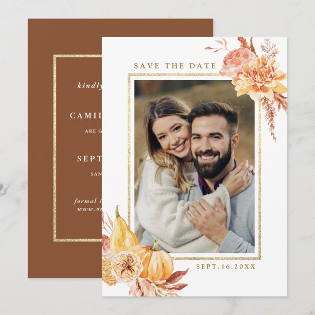 Reserve A Data Foto Dourada de Casamento Floral Rustic Fall (Frente/Verso)