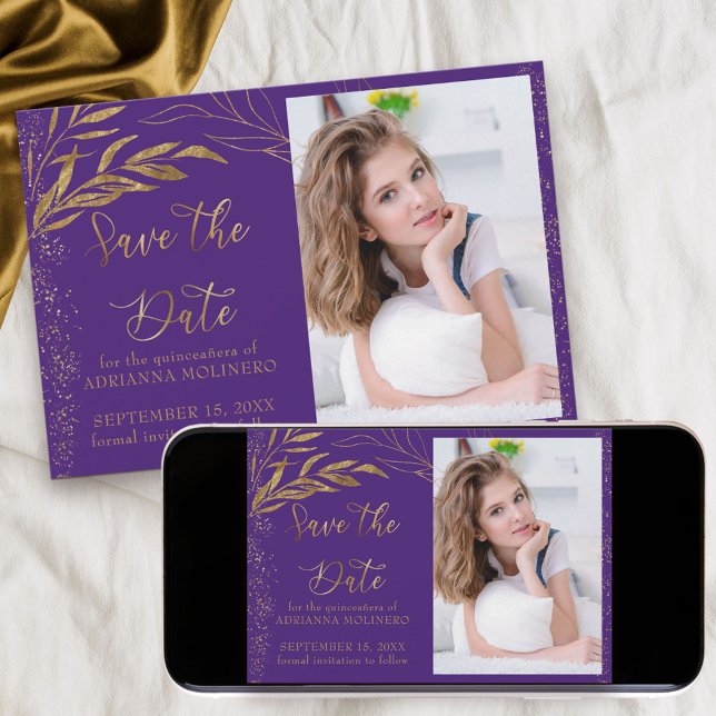 Reserve A Data Foto Dourada Púrpura Folha e Caligrafia (Quinceanera save the date with photo in purple, from my Gold Leaf Collection
)