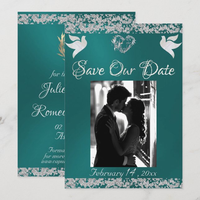 Reserve A Data Foto, Doves, Silver Heart & Glitter - Teal (Frente/Verso)