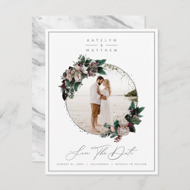 Reserve A Data Foto e caligrafia do Prata Floral Rustic (Frente/Verso)