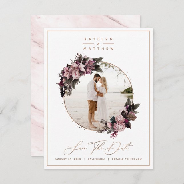 Reserve A Data Foto e caligrafia Dourada Floral russa (Frente/Verso)