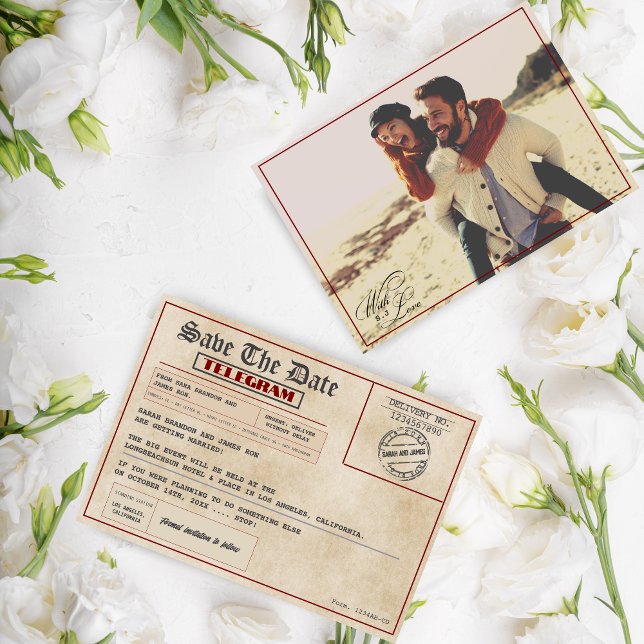 Reserve A Data Foto editável Casamento rústico à moda antiga (Criador carregado)