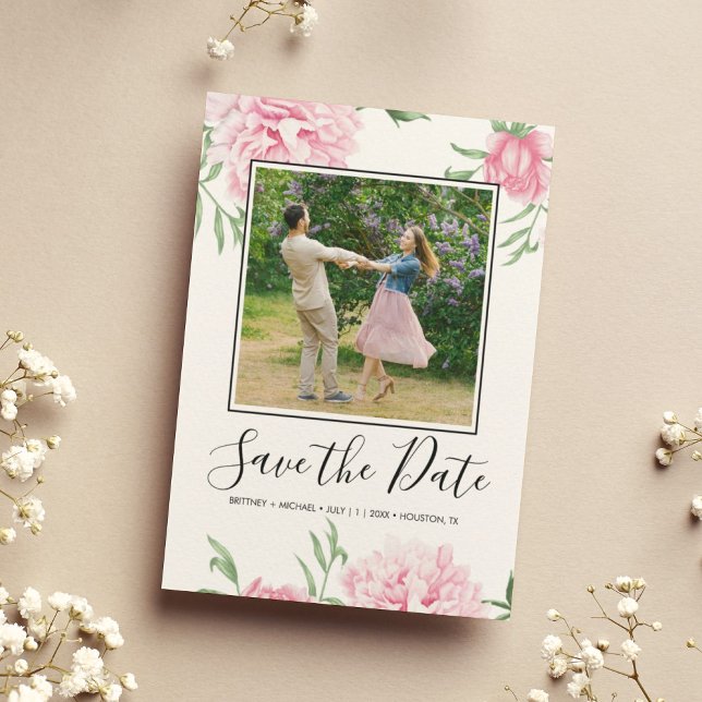 Reserve A Data Foto Elegante Botânica, Cor-de-Rosa, Floral (Pink Peony floral watercolor elegant save the date with an engagement photo to announce your wedding)