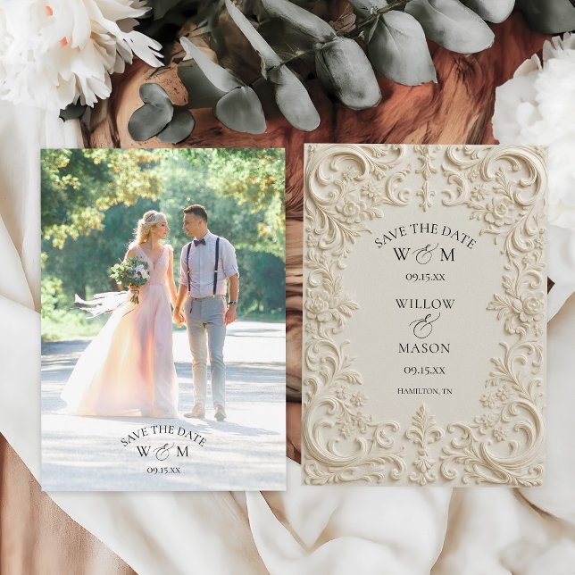 Reserve A Data Foto Elegante Casamento Barroco (Photo Elegant Baroque Wedding Save The Date Front and Back)