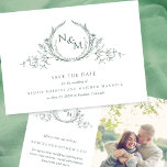 Reserve A Data Foto Elegante Casamento de Monograma Verde Salvar<br><div class="desc">Anuncie sua data de casamento com esta impressionante foto de casamento salve o cartão de data com um belo monograma botânico desenhado à mão, com elegantes iniciais de casais em tons verdes, tanto na frente quanto no verso. Modelo vertical de fotografia elegante no verso, juntamente com detalhes adicionais e monograma....</div>