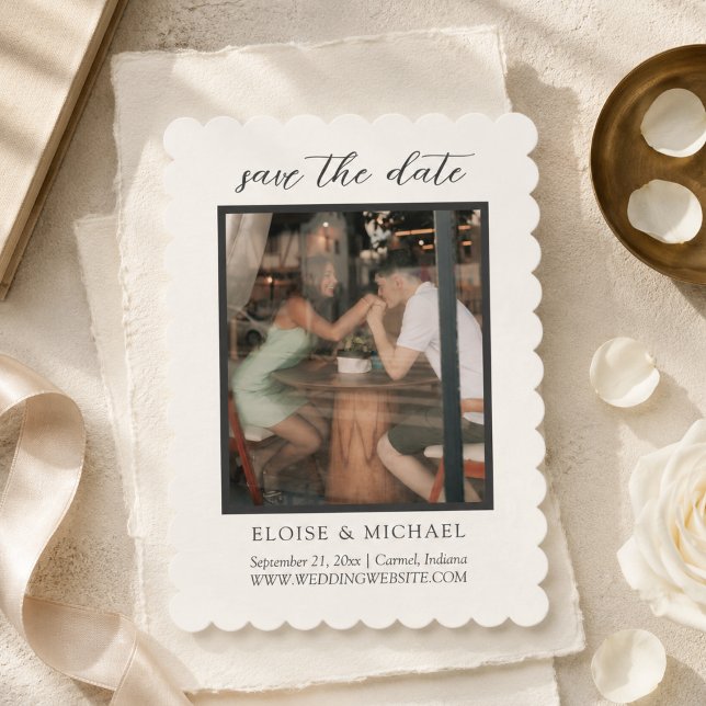 Reserve A Data Foto Elegante de Marfim Recortada (Elegant Ivory Scalloped Photo Save The Date
)