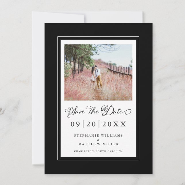 Reserve A Data Foto Elegante Script Wedding Black Border (Frente)