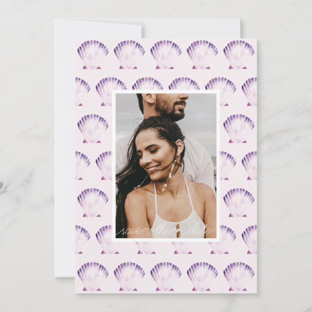 Reserve A Data Foto em Aquarela de Concha de Caramujo Roxo & QR (Frente)