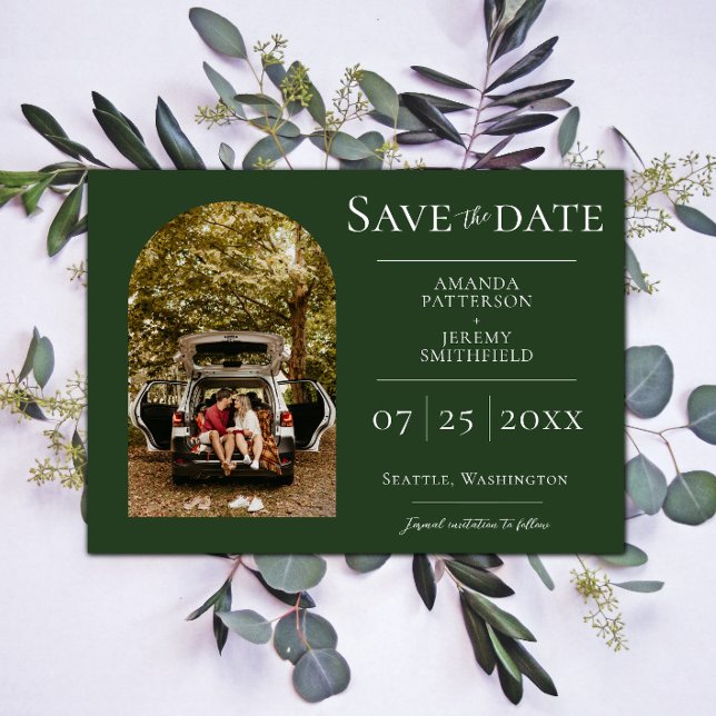 Reserve A Data Foto em arco simples | Emerald Green - Salvar a da (Emerald Green Simple Arch Photo Save the Date)