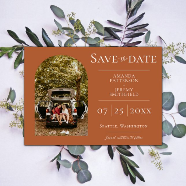 Reserve A Data Foto em arco simples | Laranja Queimada (Burnt Orange Simple Arch Photo Save the Date)