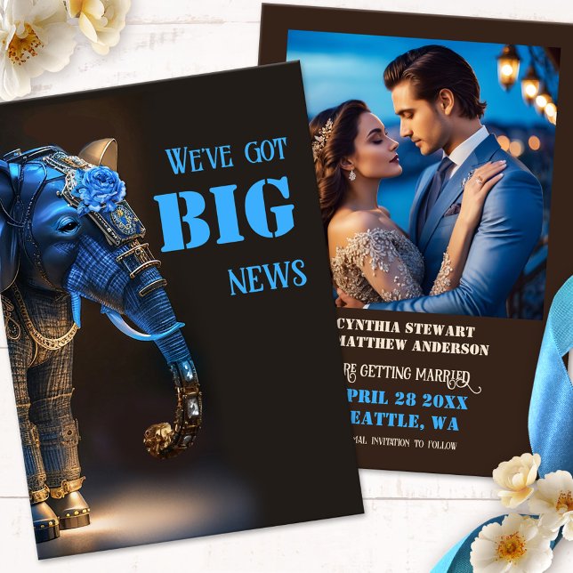 Reserve A Data Foto Encantada de Elefante (Funny photo Save the Date card featuring a steampunk whimsical elephant, announcing the BIG news)