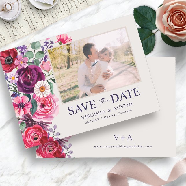 Reserve A Data Foto Floral Bold Bright (Bold Bright Floral Photo Save The Date with Monogram by Painted Paperie
)