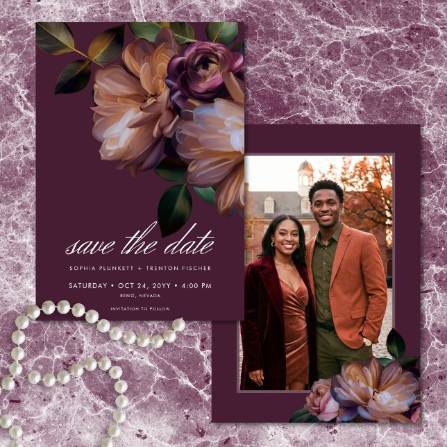 Reserve A Data Foto Floral Clássica Burgundy Elegante e Sofistica (Elegant Burgundy Classic Moody Floral Photo Save The Date)