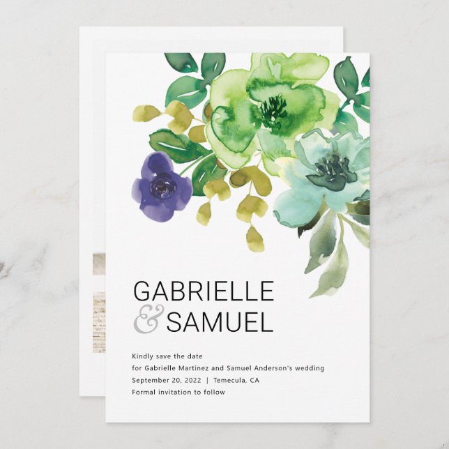 Reserve A Data Foto Floral Clorosa de Aquarela Moderna (Frente/Verso)