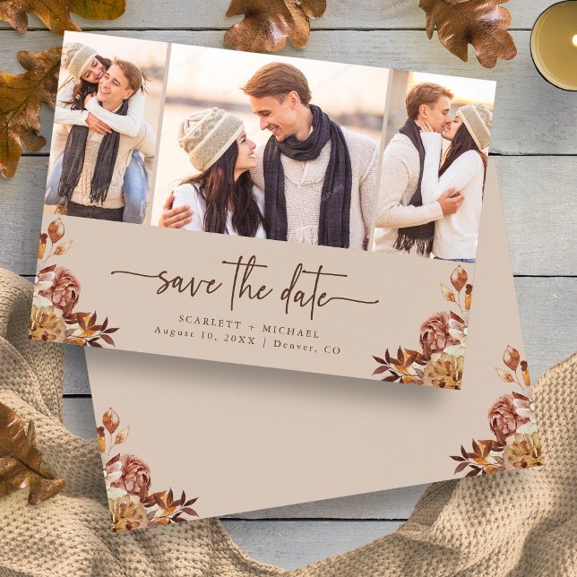 Reserve A Data Foto Floral de Outono Bege (Elegant Taupe Autumn Floral Photo Save The Date Card by Painted Paperie
)