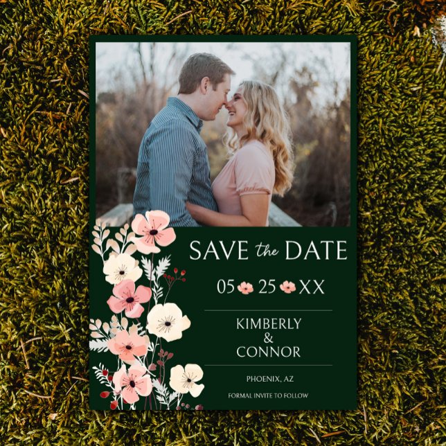 Reserve A Data Foto Floral Modern Boho | Emerald Green (Emerald Green Modern Boho Floral Photo Save the Date)
