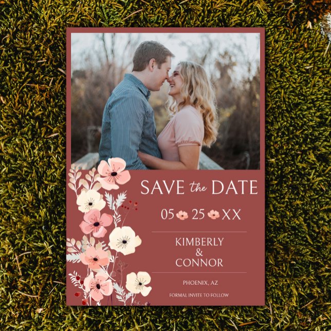 Reserve A Data Foto Floral Modern Boho | Terracotta (Terracotta Modern Boho Floral Photo Save the Date)