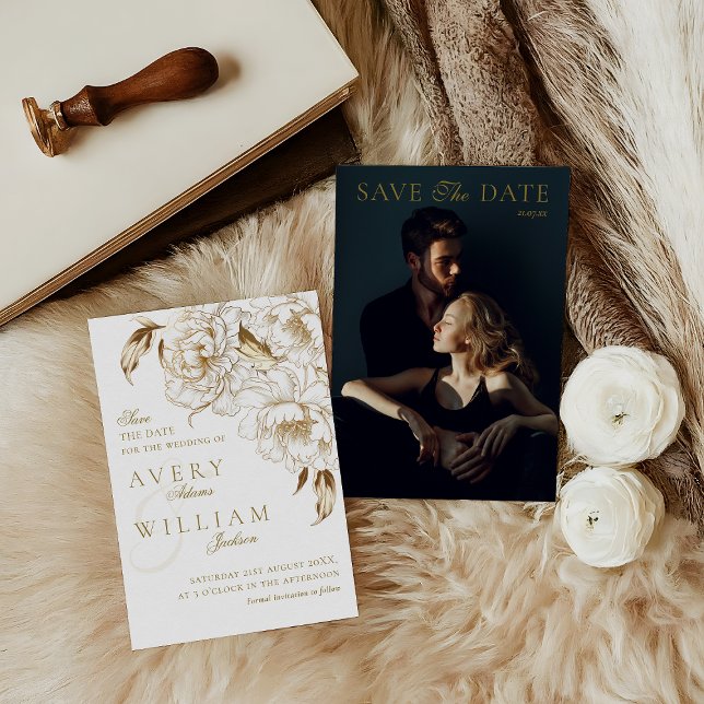 Reserve A Data Foto Floral Peonies White Ouro Elegante Casamento (Criador carregado)