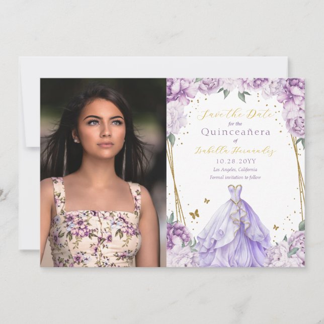 Reserve A Data Foto Floral Purple Elegante Quinceañera (Frente)