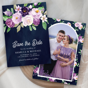 Reserve A Data Foto Floral Roxo Casamento Azul Marinho
