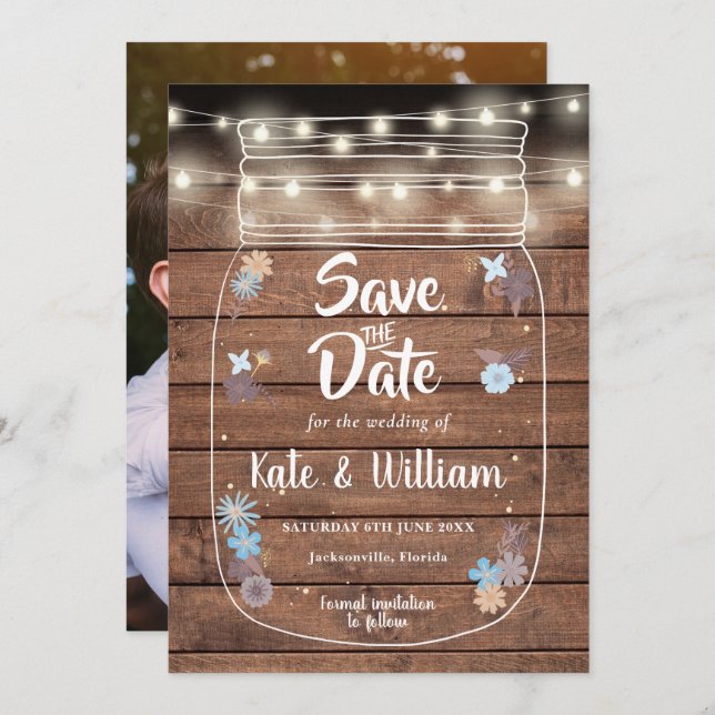Reserve A Data Foto Floral Rustic Mason Jar String Lights (Frente/Verso)