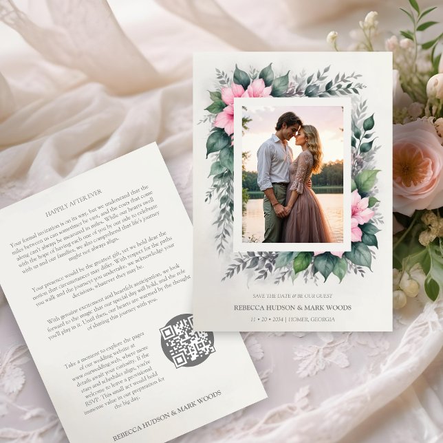 Reserve A Data Foto Floral Suave Botânica Eetal e Encantadora (Ethereal & Enchanting Botanical Soft Floral Photo Frame in Pink Wedding Save the Dates Cards. )