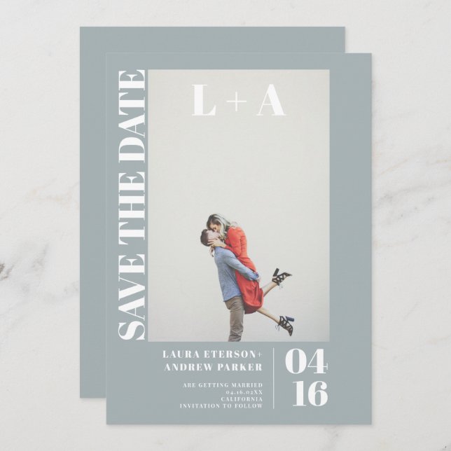 Reserve A Data Foto inicial azul empoeirada moderna salvar a data (Frente/Verso)