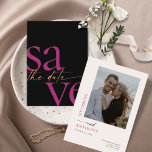 Reserve A Data Foto Magenta Melão Preto Moderno<br><div class="desc">Esses cartões salve a data de 5" x 7" apresentam um design minimalista em melão vibrante e letras magenta em um fundo preto com espaços reservados atrás para os nomes de casais engajados,  data de casamento e informações do local e sua foto favorita!</div>