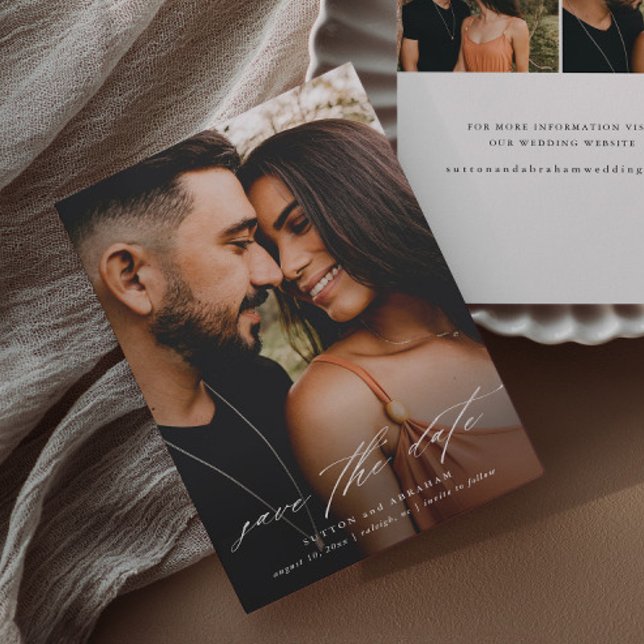 Reserve A Data Foto mínima de script (Elegant script 3 photo wedding save the date announcement cards.)