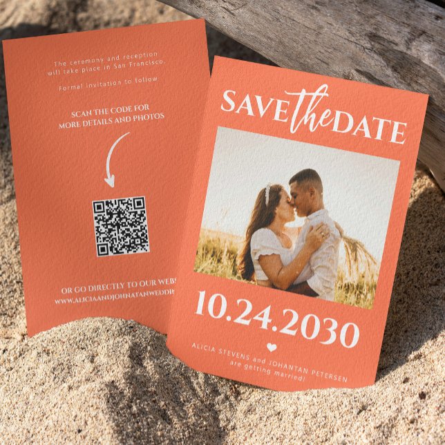 Reserve A Data Foto moderna Código QR casamento laranja brilhante (Criador carregado)