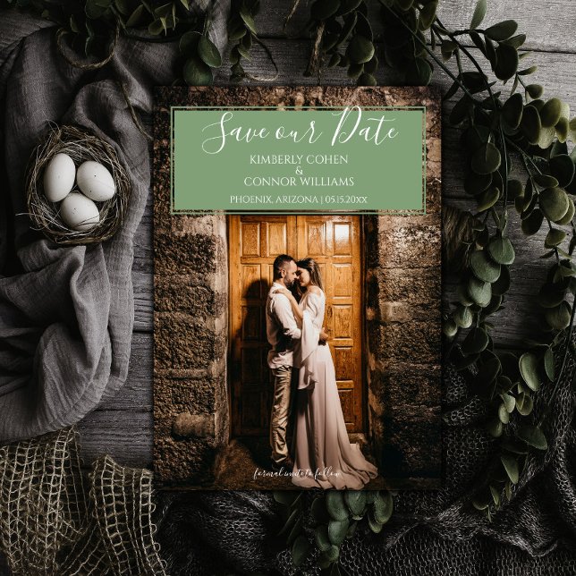 Reserve A Data Foto Moderna Salva a Data | Moss Green (Moss Green Modern Photo Save the Date)
