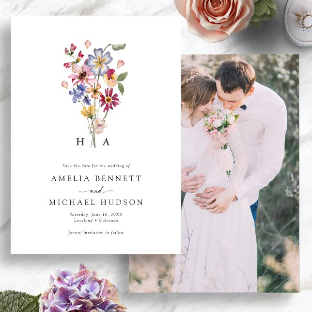 Reserve A Data Foto Monograma Colorida (Colorful Watercolor Floral Monogrammed Photo Save The Date by Painted Paperie
)